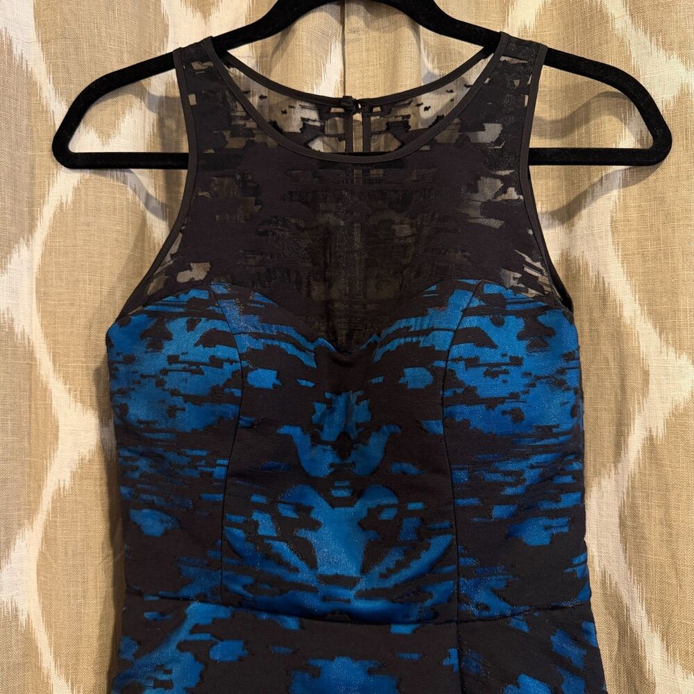 MILLY Blue Black Hi Low Cocktail Dress Womens Size 2 Sheer Mesh Sleeveless